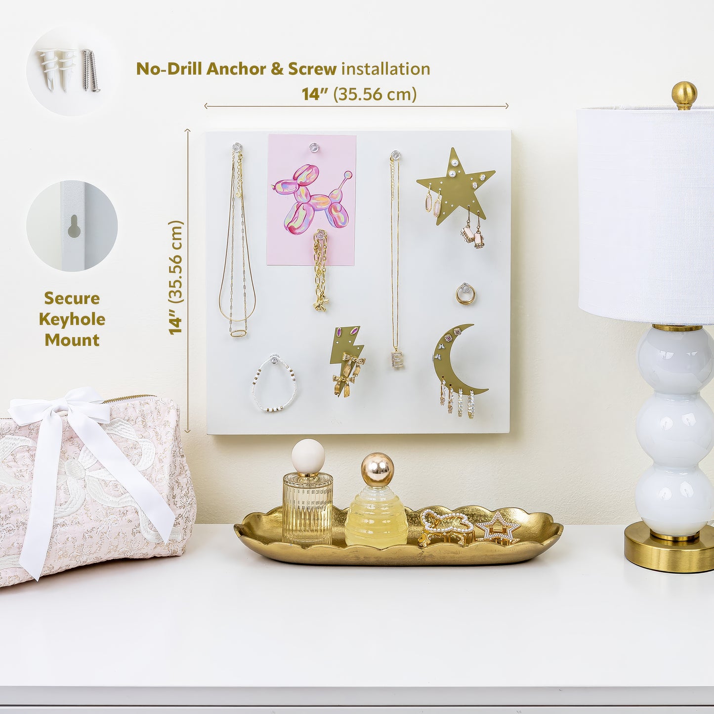 Jewelry organizer suspending necklaces, bracelets, rings, and earrings from strong magnets made into decorative shapes. Pearl shimmer decorative board finish