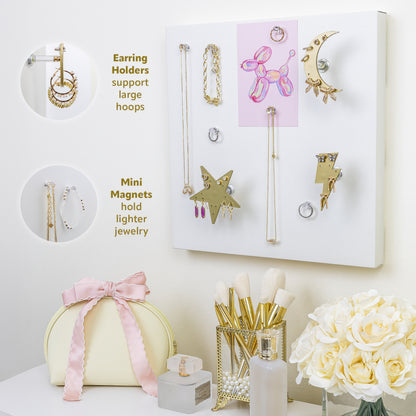 Jewelry organizer suspending necklaces, bracelets, rings, and earrings from strong magnets made into decorative shapes. Pearl shimmer decorative board finish