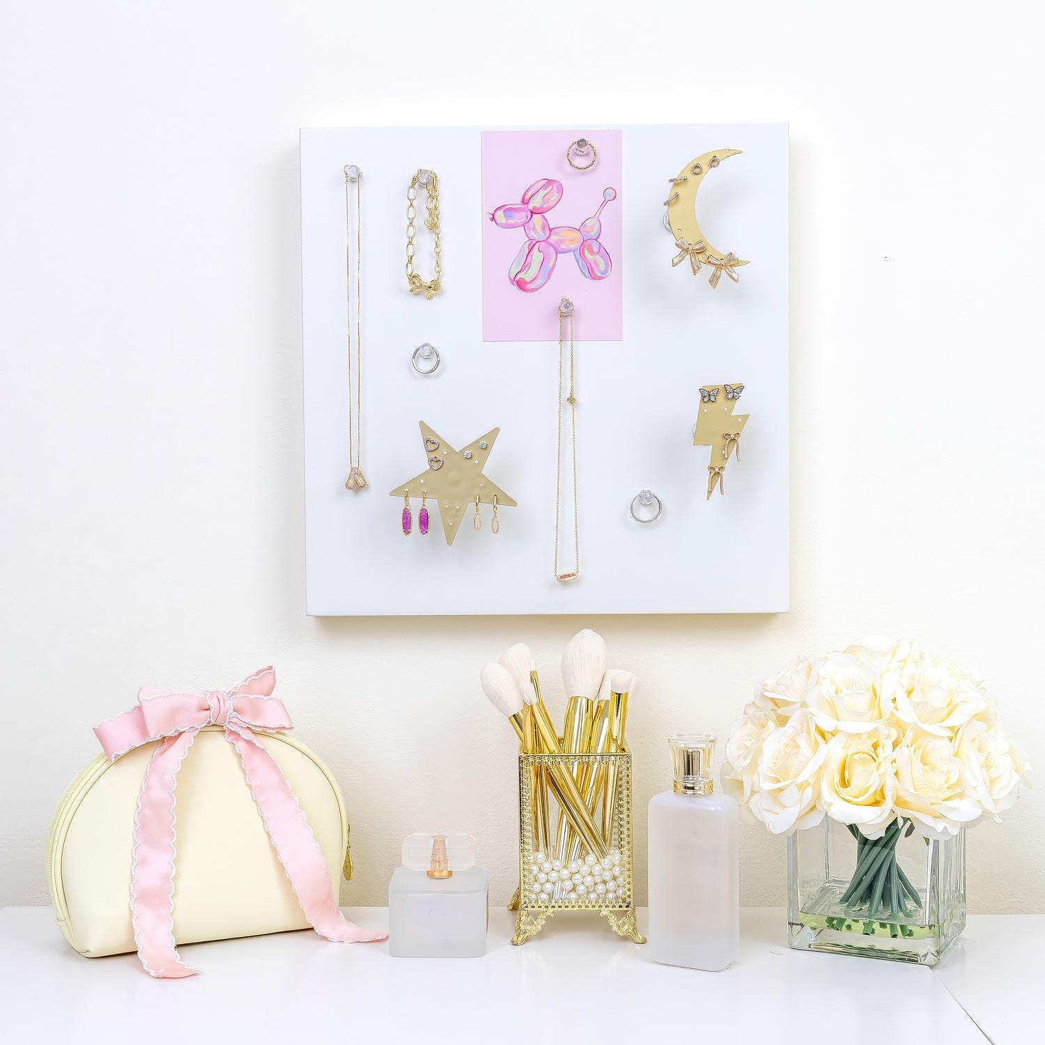 Magnetic Jewelry organizer in a girls makeup station with perfume and jewelry
